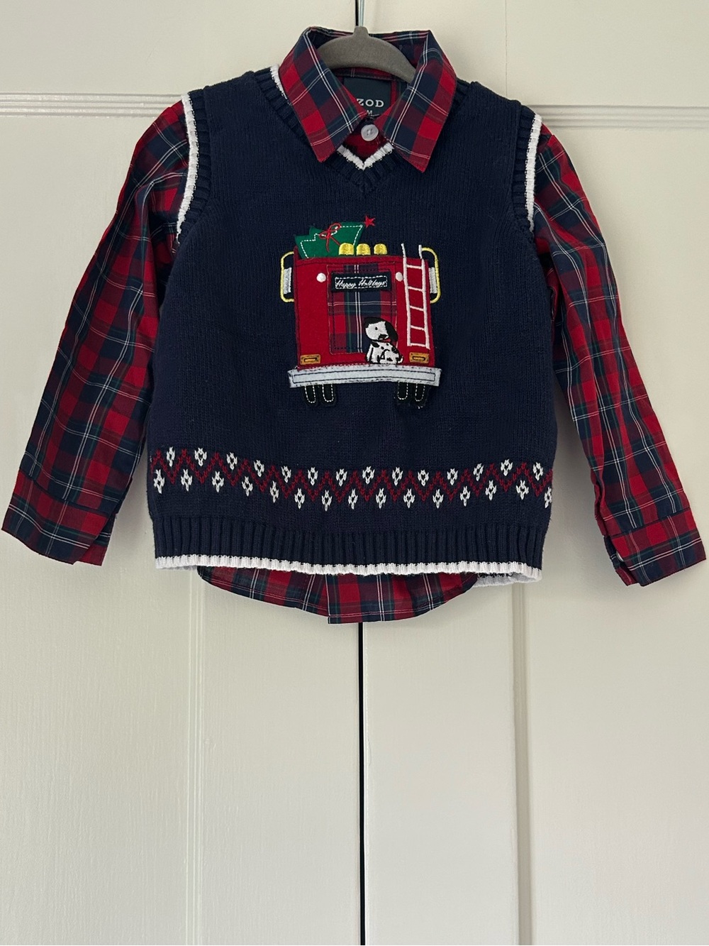 IZOD Baby Boy 2 Piece Holiday Set - Firetruck Sweater Vest w/ Plaid Button Down
